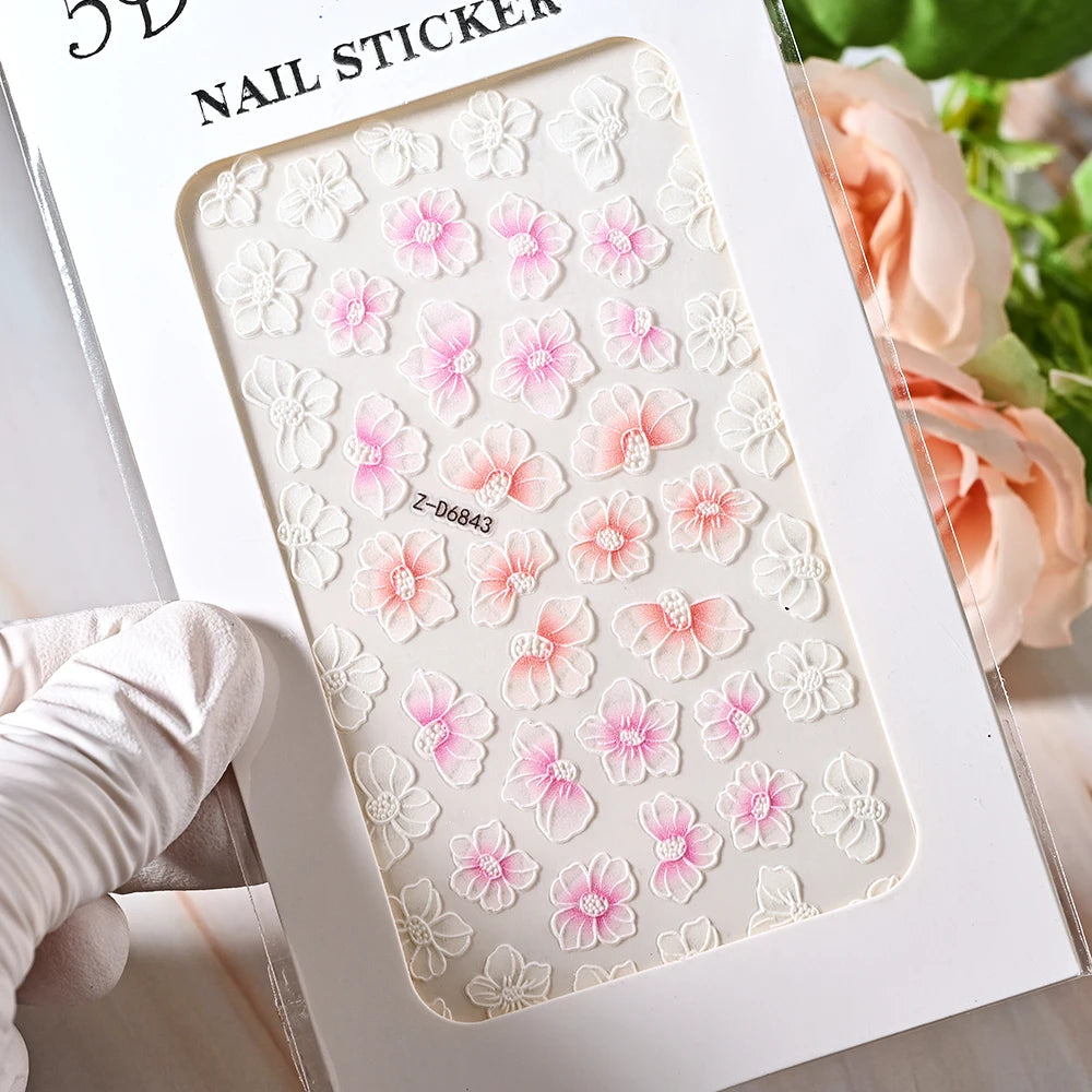 1pc 5D Embossed Flowers leaves Design Nail Art Stickers,Nails Art Decals Self Adhesive Nail Sticker Supplies for Women and Girls
