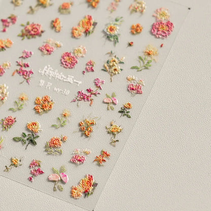 Colorful Floral Nail Art Sticker Summer Garden Motifs Juicy Flower Petals Dimensional Botanical Patterns Adhesive Manicure Decal