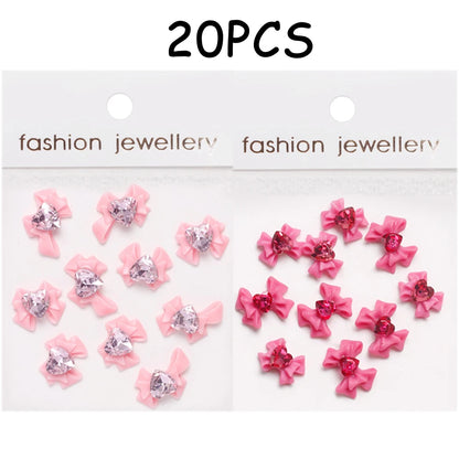 30/20/10PC Pink Ribbon Resin Bow Parts Nail Charms Mix-Style Bow Rhinestone Jewelry 8-12mm Y2K Accessory for DIY Manicure Decora
