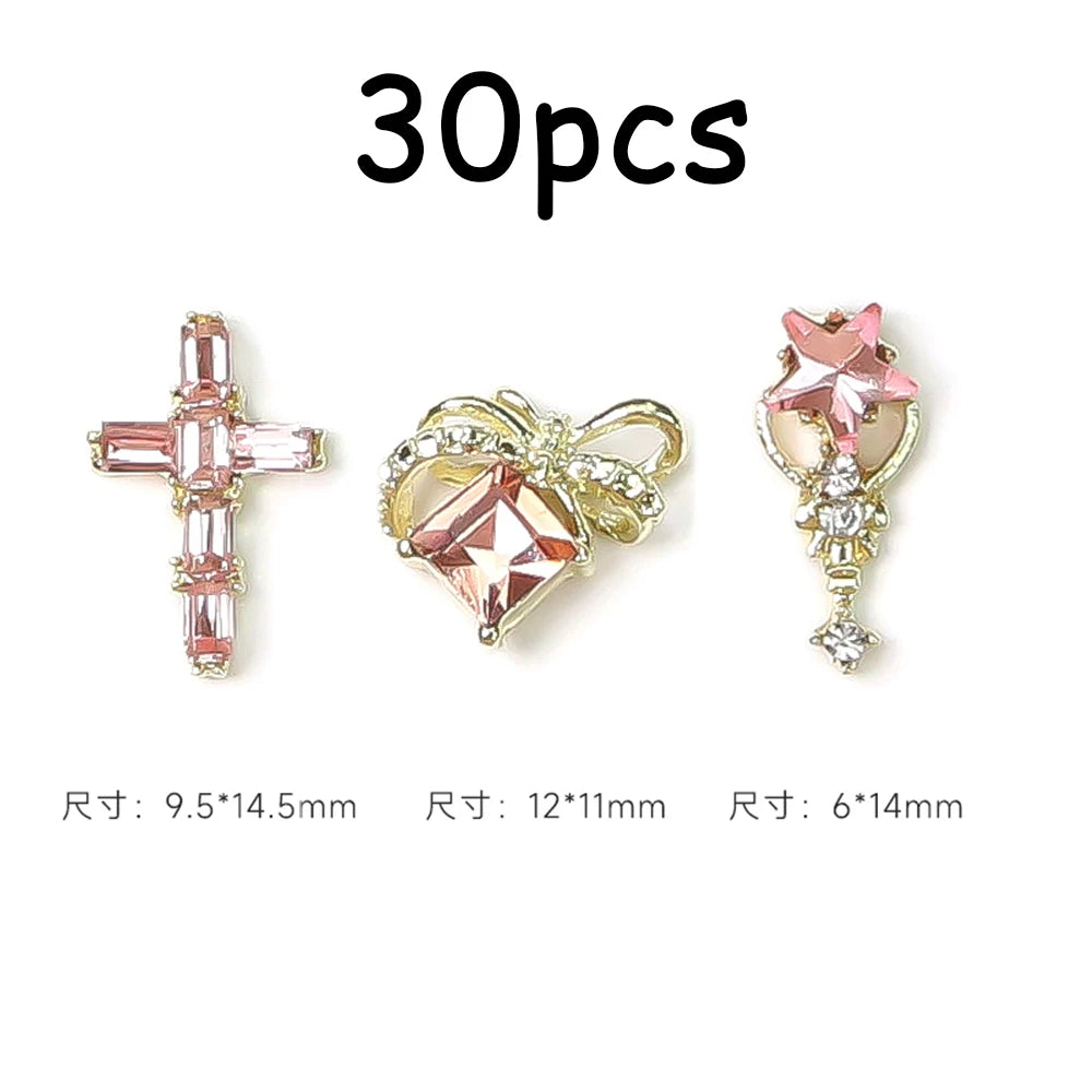 30/20/10PC Pink Ribbon Resin Bow Parts Nail Charms Mix-Style Bow Rhinestone Jewelry 8-12mm Y2K Accessory for DIY Manicure Decora