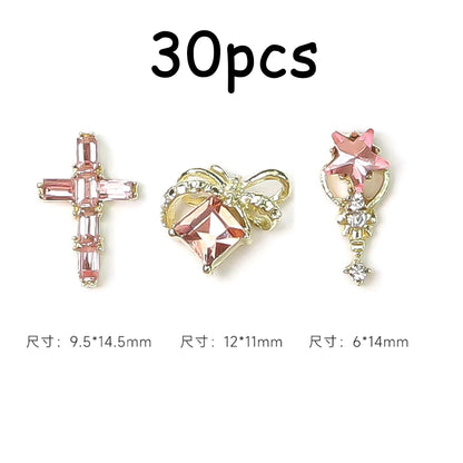 30/20/10PC Pink Ribbon Resin Bow Parts Nail Charms Mix-Style Bow Rhinestone Jewelry 8-12mm Y2K Accessory for DIY Manicure Decora