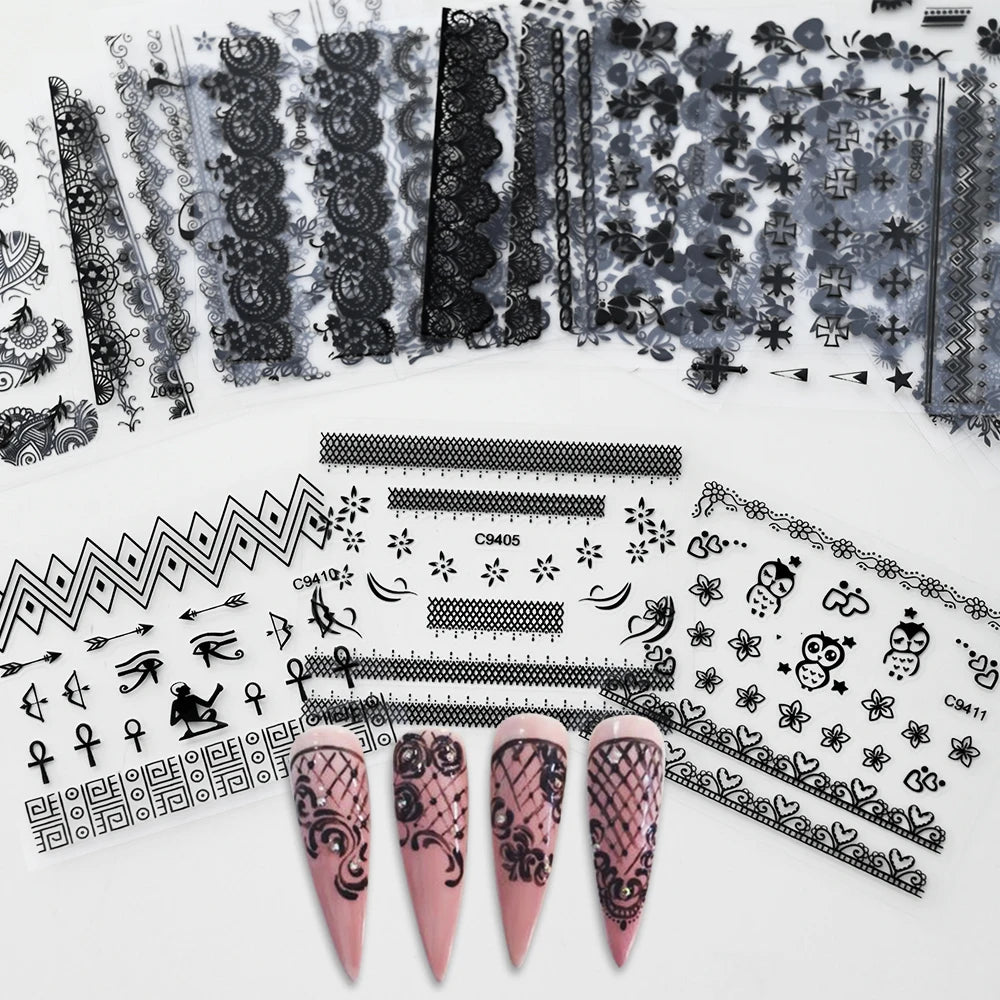 30pcs/Set Black Lace Nail Stickers Sexy Kitten Penguin Cute Animals Nail Art Stickers 6.3*5.3 Cm DIY Wedding Nail Decoration