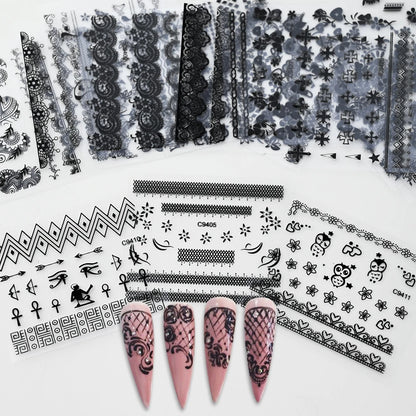 30pcs/Set Black Lace Nail Stickers Sexy Kitten Penguin Cute Animals Nail Art Stickers 6.3*5.3 Cm DIY Wedding Nail Decoration