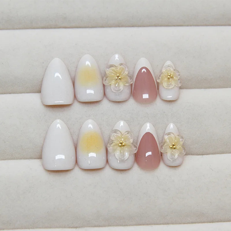 Yellow Peach Floral Almond Nails