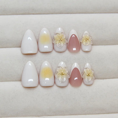 Yellow Peach Floral Almond Nails