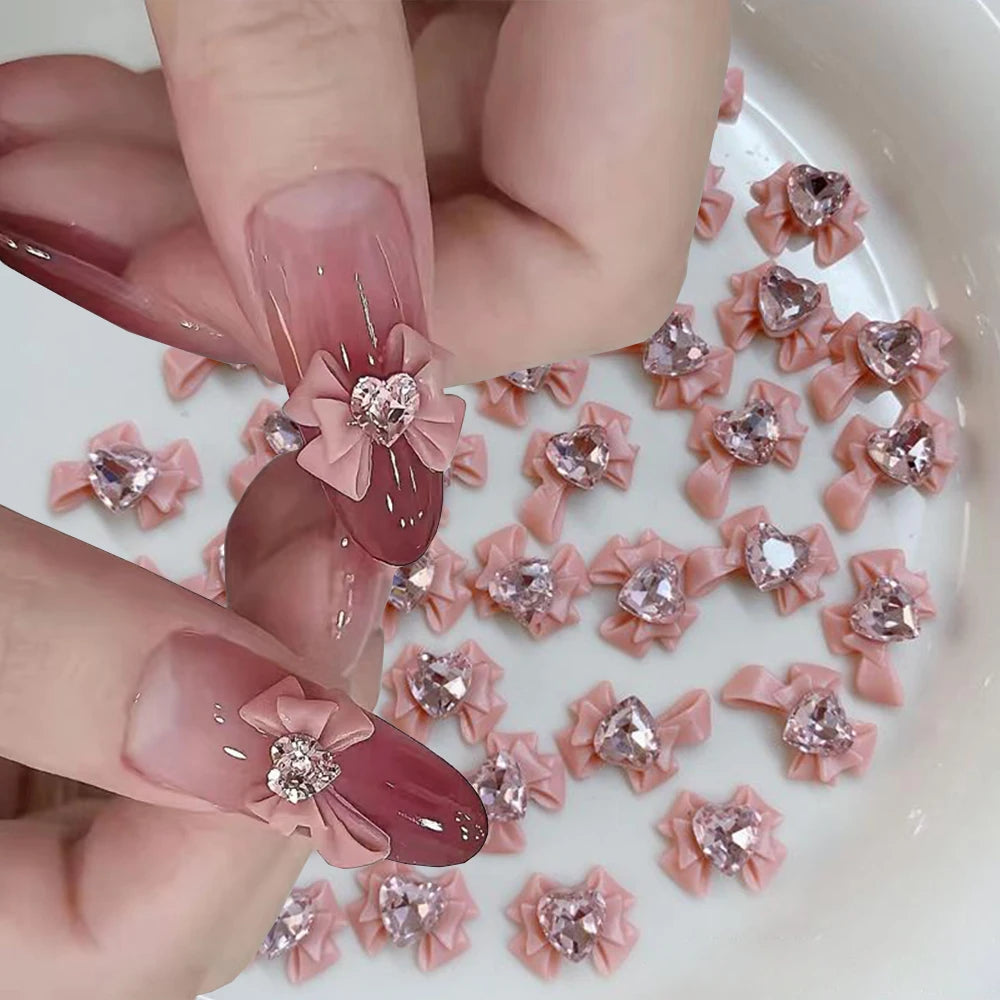 30/20/10PC Pink Ribbon Resin Bow Parts Nail Charms Mix-Style Bow Rhinestone Jewelry 8-12mm Y2K Accessory for DIY Manicure Decora
