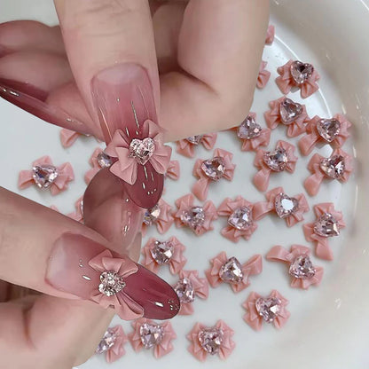 30/20/10PC Pink Ribbon Resin Bow Parts Nail Charms Mix-Style Bow Rhinestone Jewelry 8-12mm Y2K Accessory for DIY Manicure Decora