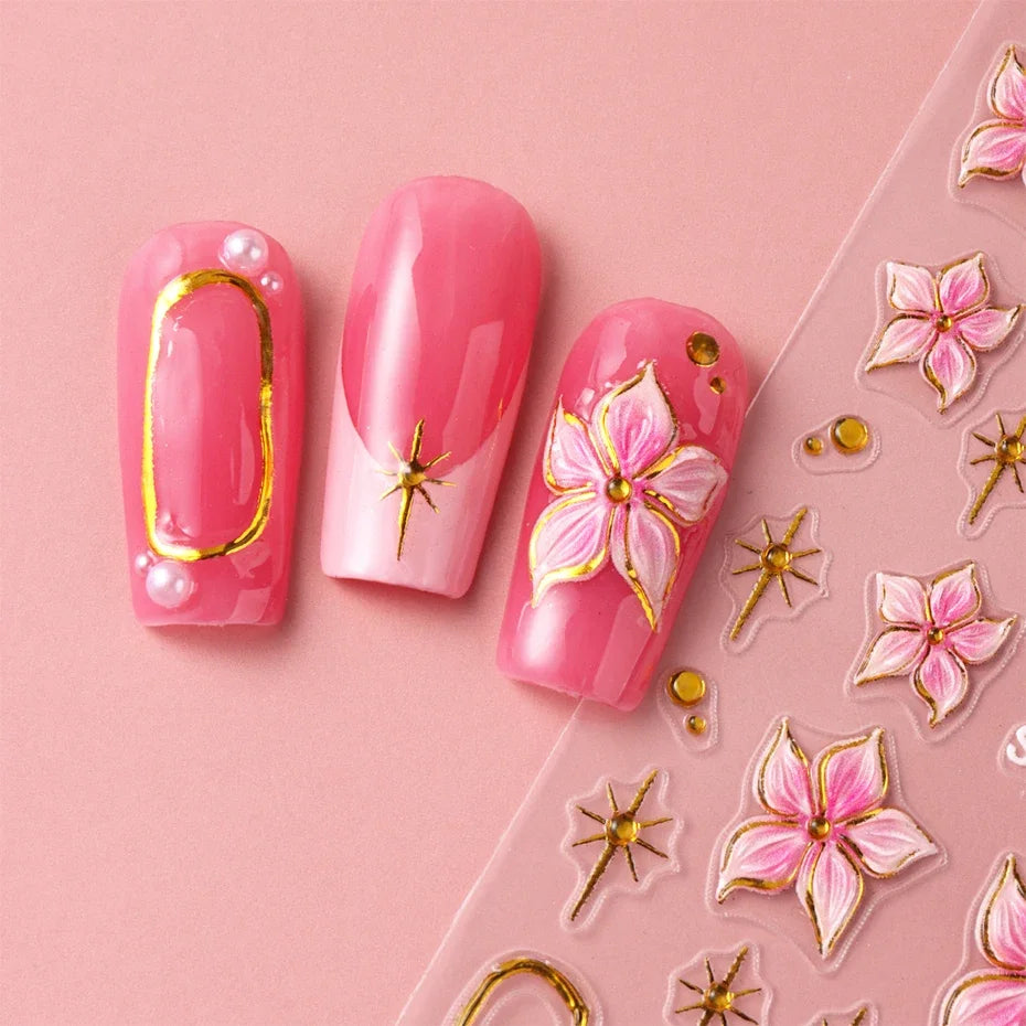 2pcs Embossed Hibiscus Flower Nail Art Sticker Pink Flower With Golden Metal Ring Charm Self-Adhesive Decals Manicure Decoration