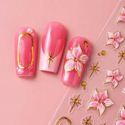 2pcs Embossed Hibiscus Flower Nail Art Sticker Pink Flower With Golden Metal Ring Charm Self-Adhesive Decals Manicure Decoration
