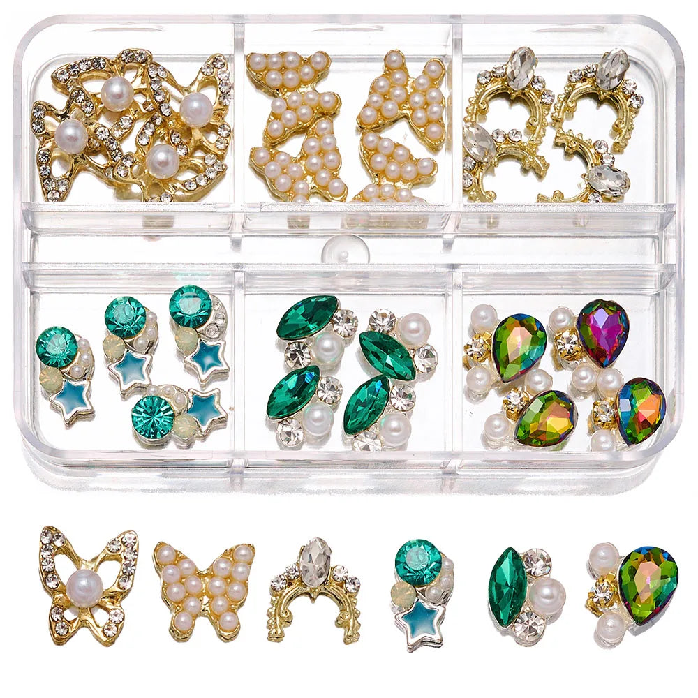 About 24Pcs/Box Mixed Designer Gems Nail Charms 10-15mm Luxury Parts Jewelry Y2K Planet Bow Hearts Rhinestones Nails Decoration*