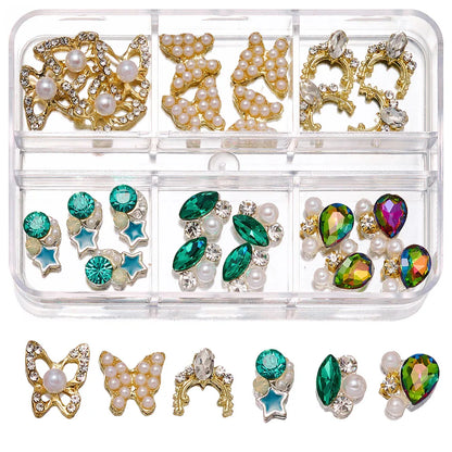 About 24Pcs/Box Mixed Designer Gems Nail Charms 10-15mm Luxury Parts Jewelry Y2K Planet Bow Hearts Rhinestones Nails Decoration*