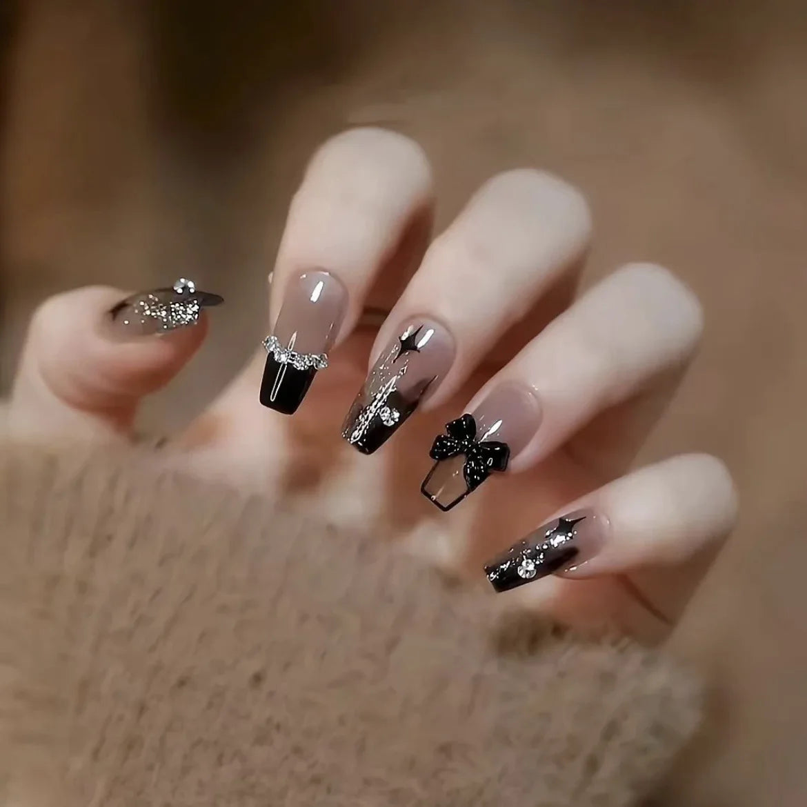 White Bow Gradient Long Nail Set
