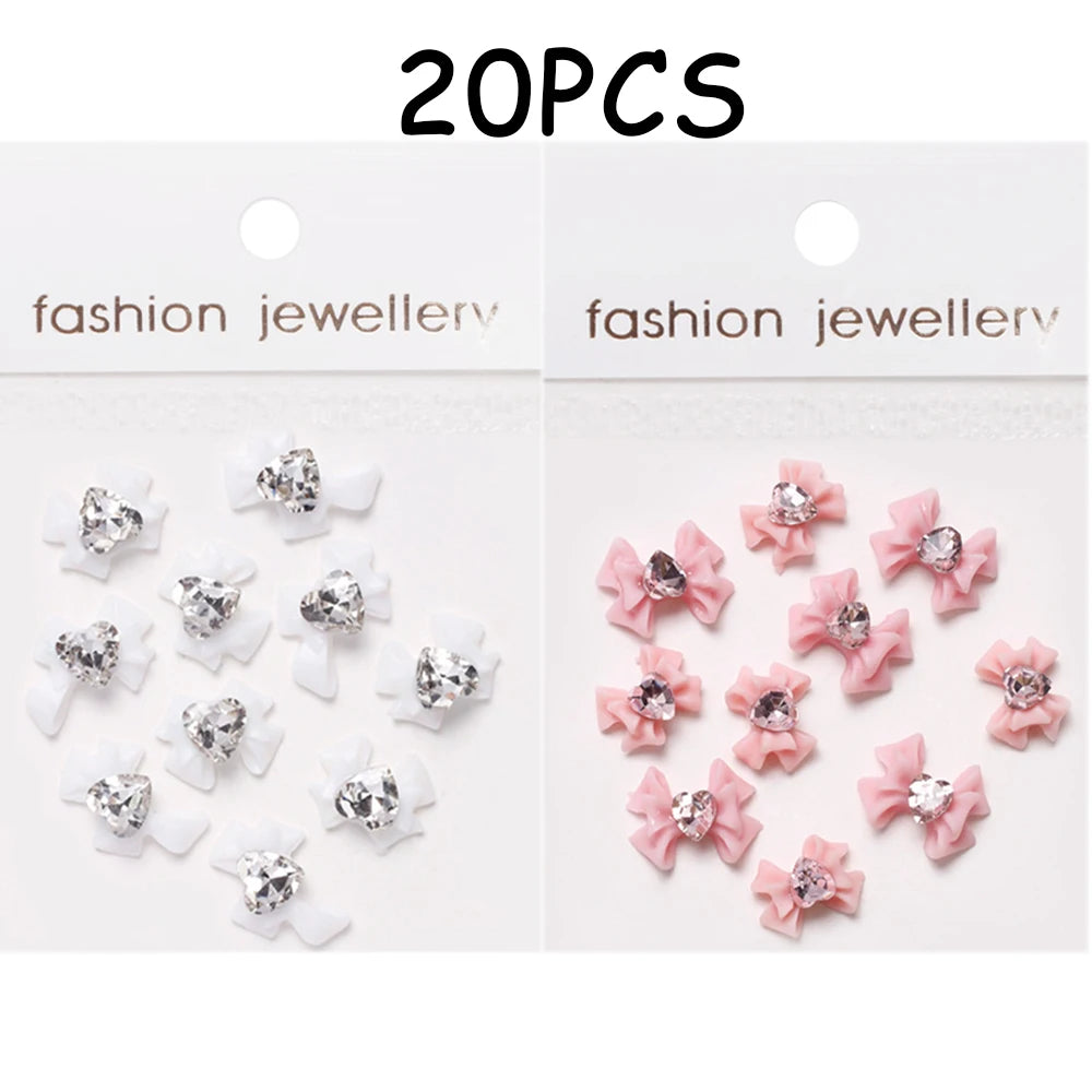 30/20/10PC Pink Ribbon Resin Bow Parts Nail Charms Mix-Style Bow Rhinestone Jewelry 8-12mm Y2K Accessory for DIY Manicure Decora