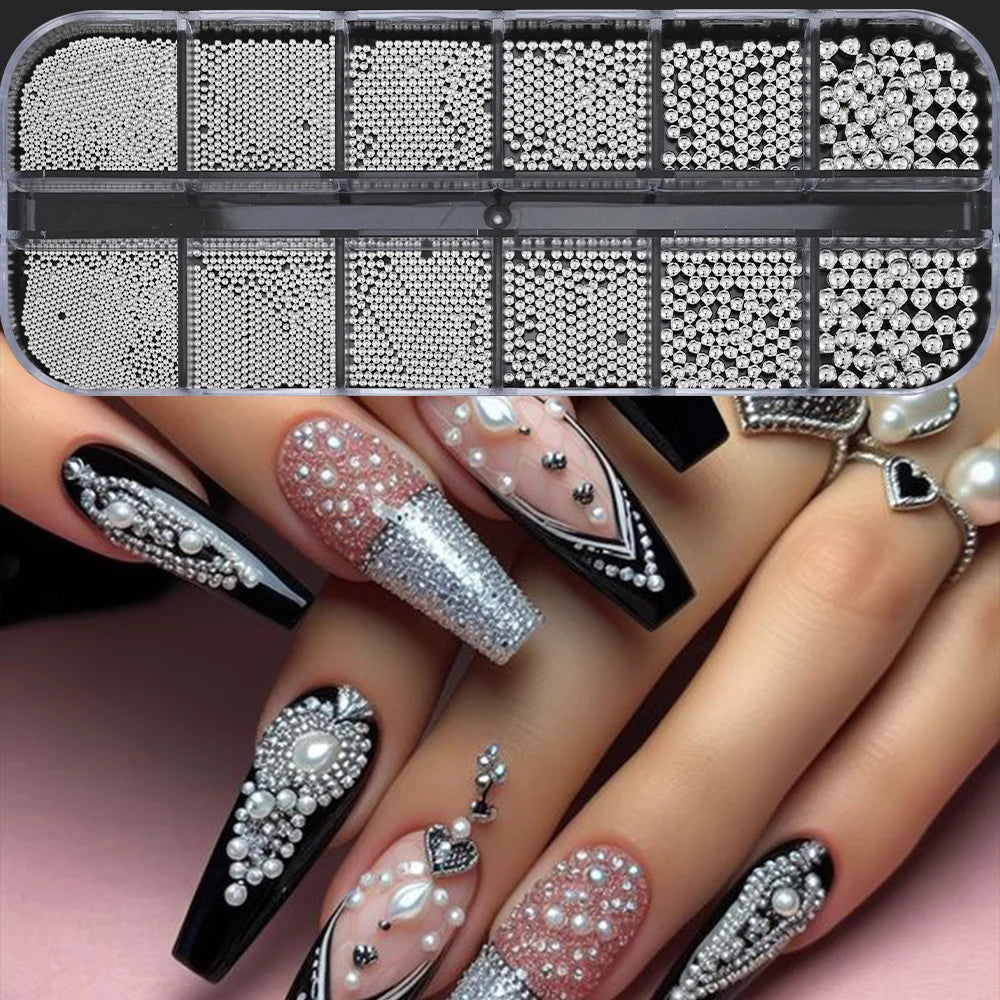Gold Silver Pearl Caviar Nail Rhinestones