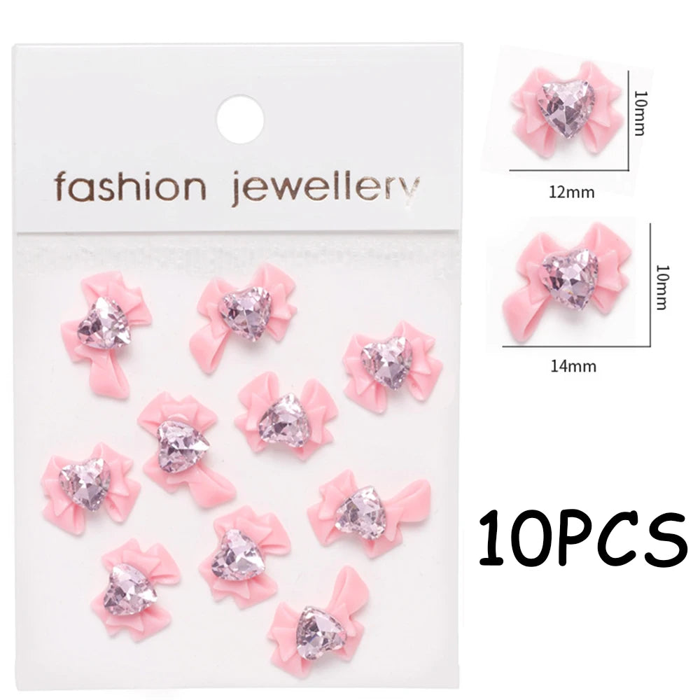 30/20/10PC Pink Ribbon Resin Bow Parts Nail Charms Mix-Style Bow Rhinestone Jewelry 8-12mm Y2K Accessory for DIY Manicure Decora
