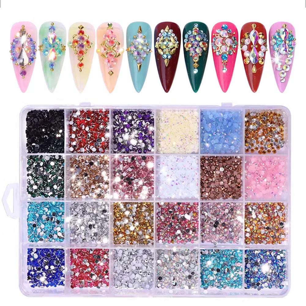 About 24Pcs/Box Mixed Designer Gems Nail Charms 10-15mm Luxury Parts Jewelry Y2K Planet Bow Hearts Rhinestones Nails Decoration*