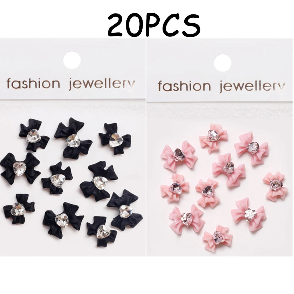 30/20/10PC Pink Ribbon Resin Bow Parts Nail Charms Mix-Style Bow Rhinestone Jewelry 8-12mm Y2K Accessory for DIY Manicure Decora