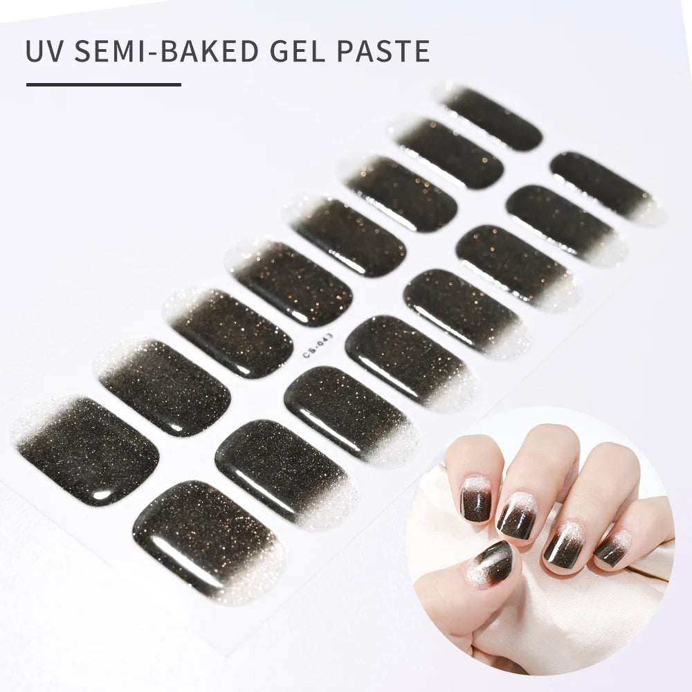 16Tips Glitter Semi-Cured Gel UV Sticker 3D French Gradient Shiny Glitter Powder UV Gel Sticker Full Cover UV Lamp Glitter Decal