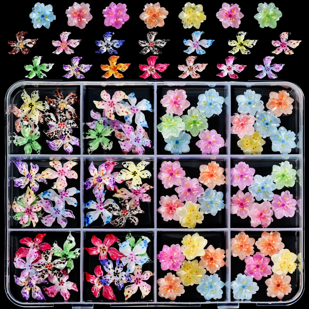 60pcs Mixed Hawaiian Flower Nail Decoration 3D Gradient Cherry Blossom Crystal Five Petal Leopard Print Lily Flower Nail Charms