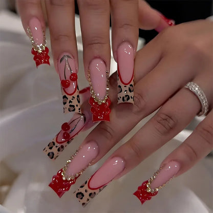 Leopard Cherry Rhinestone Press-On Nails