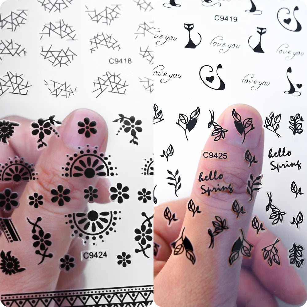 30pcs/Set Black Lace Nail Stickers Sexy Kitten Penguin Cute Animals Nail Art Stickers 6.3*5.3 Cm DIY Wedding Nail Decoration