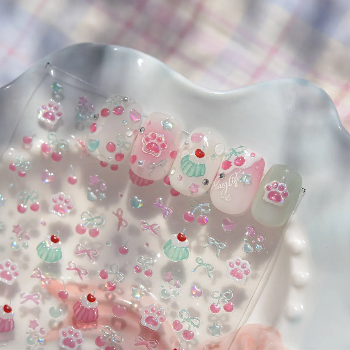 1Pcs Shiny 5D Jelly Cat Claw Cherry Bow Nail Decals Self Adhesive DIY Salon Manicure Decor Supply