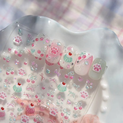 1Pcs Shiny 5D Jelly Cat Claw Cherry Bow Nail Decals Self Adhesive DIY Salon Manicure Decor Supply