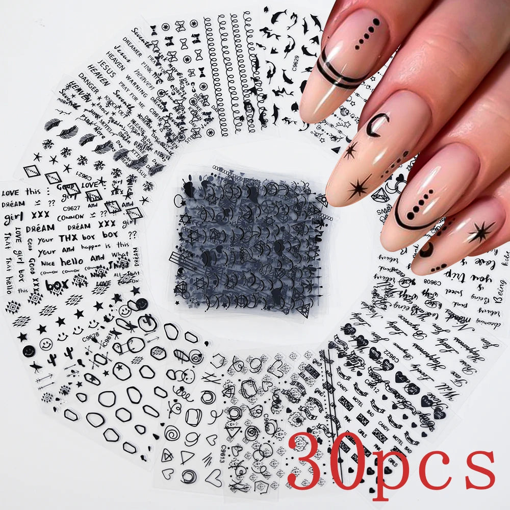 30pcs Black Line Nail Stickers 3D Irregular Line Geometric Pattern Nail Sticker Mysterious Sexy DIY Gothic Style Nail Stickers