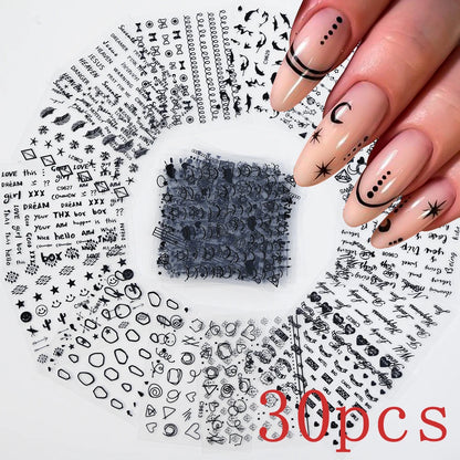 30pcs Black Line Nail Stickers 3D Irregular Line Geometric Pattern Nail Sticker Mysterious Sexy DIY Gothic Style Nail Stickers