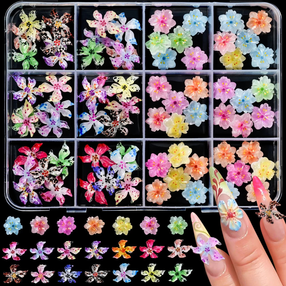 60pcs Mixed Hawaiian Flower Nail Decoration 3D Gradient Cherry Blossom Crystal Five Petal Leopard Print Lily Flower Nail Charms