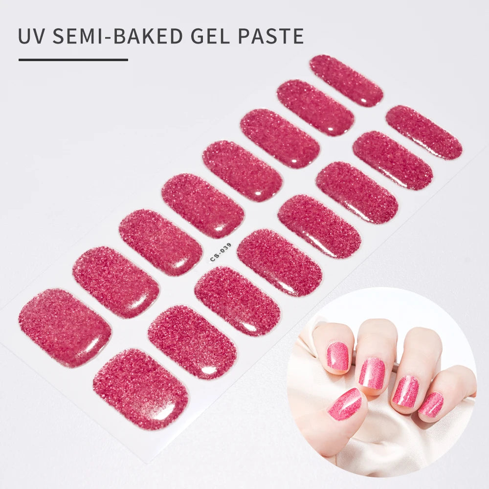 16Tips Semi-cured Gel Nail Stickers Red/Wine Red Nails Gel slider UV lamp Cured Extended Nails DIY Women Nails Decal Decor Gifts
