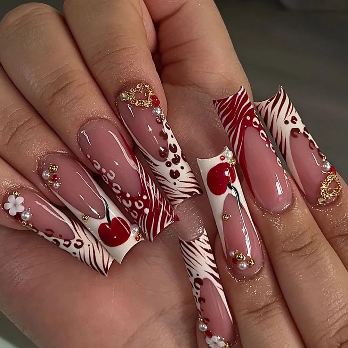 Leopard Cherry Rhinestone Press-On Nails