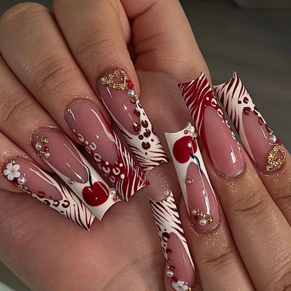Leopard Cherry Rhinestone Press-On Nails