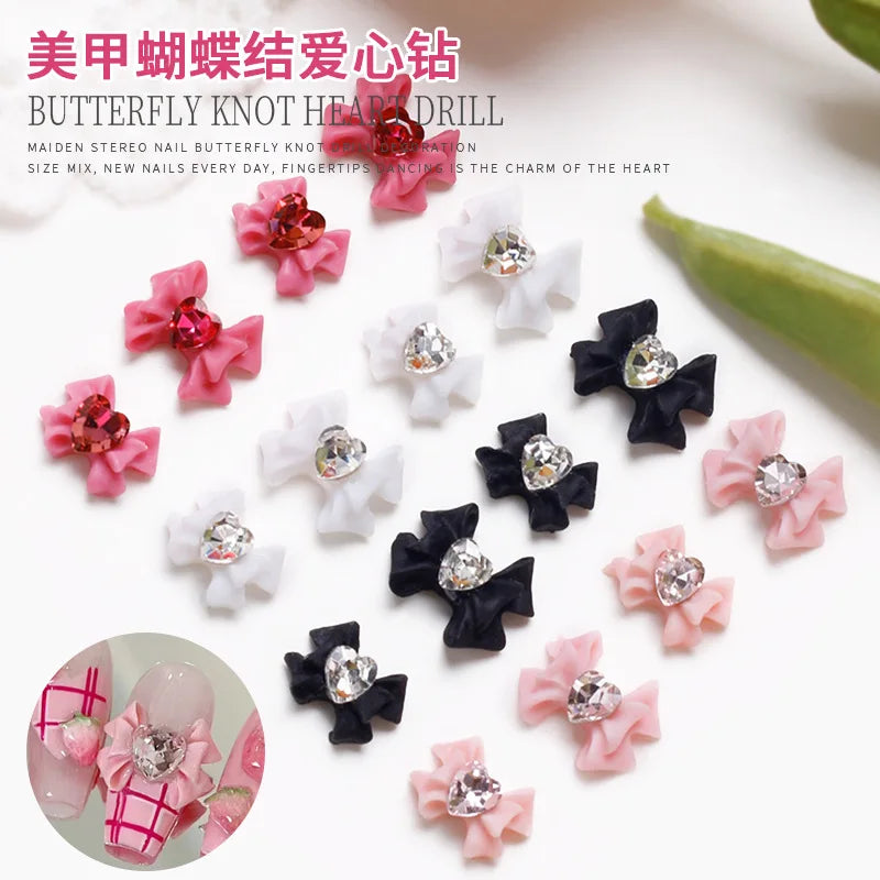 30/20/10PC Pink Ribbon Resin Bow Parts Nail Charms Mix-Style Bow Rhinestone Jewelry 8-12mm Y2K Accessory for DIY Manicure Decora