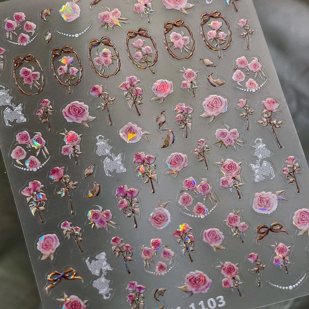 Colorful Floral Nail Art Sticker Summer Garden Motifs Juicy Flower Petals Dimensional Botanical Patterns Adhesive Manicure Decal