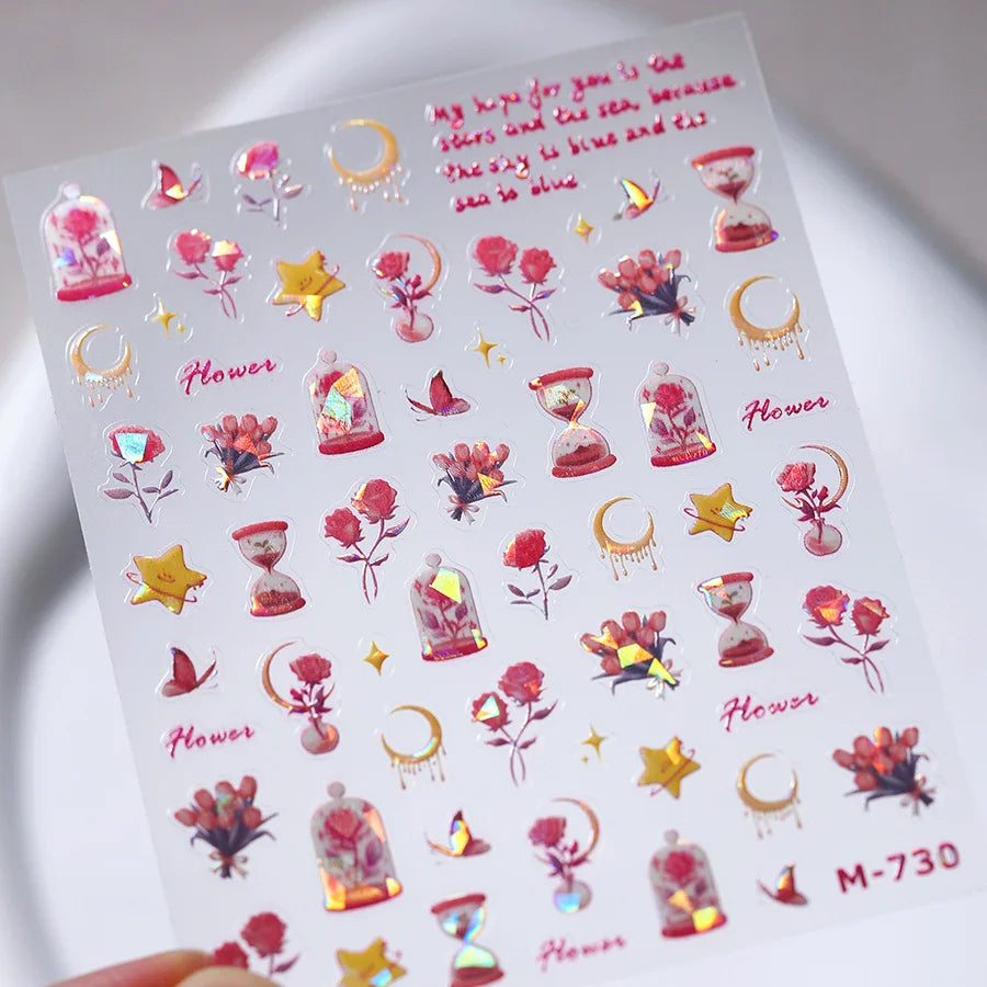 Colorful Floral Nail Art Sticker Summer Garden Motifs Juicy Flower Petals Dimensional Botanical Patterns Adhesive Manicure Decal