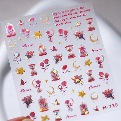Colorful Floral Nail Art Sticker Summer Garden Motifs Juicy Flower Petals Dimensional Botanical Patterns Adhesive Manicure Decal