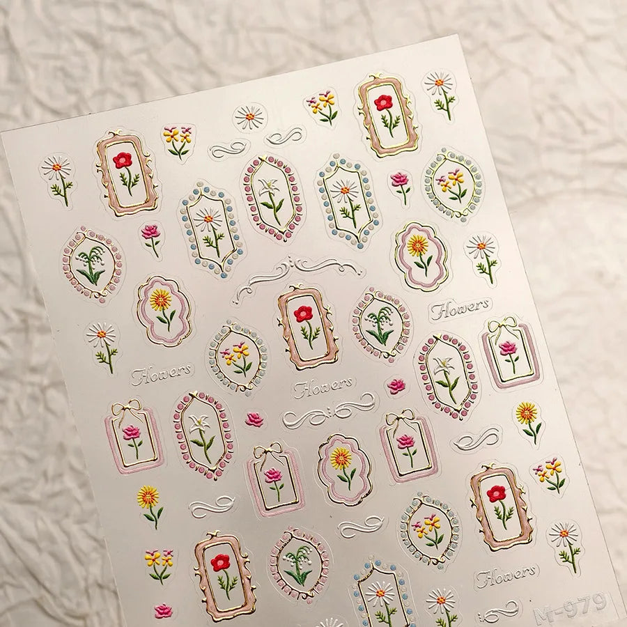 Colorful Floral Nail Art Sticker Summer Garden Motifs Juicy Flower Petals Dimensional Botanical Patterns Adhesive Manicure Decal