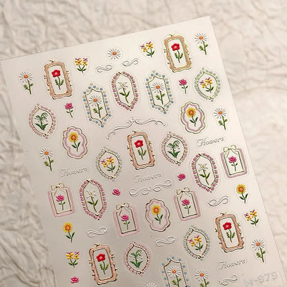 Colorful Floral Nail Art Sticker Summer Garden Motifs Juicy Flower Petals Dimensional Botanical Patterns Adhesive Manicure Decal