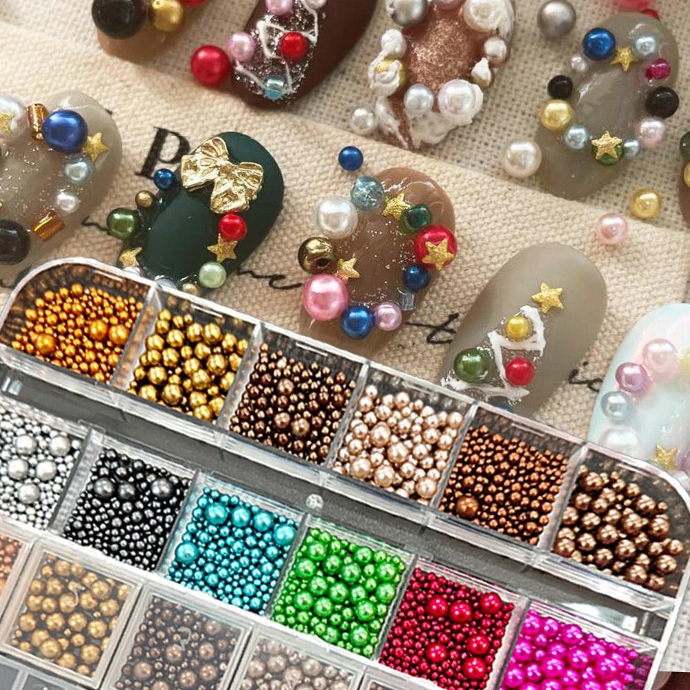 Gold Silver Pearl Caviar Nail Rhinestones