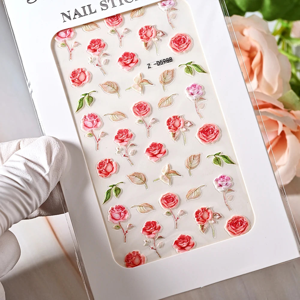 1pc 5D Embossed Flowers leaves Design Nail Art Stickers,Nails Art Decals Self Adhesive Nail Sticker Supplies for Women and Girls