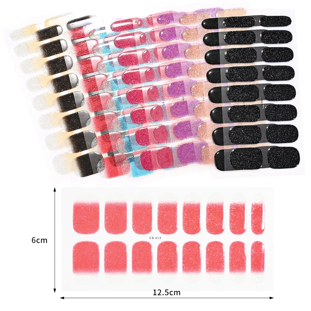 16Tips Glitter Semi-Cured Gel UV Sticker 3D French Gradient Shiny Glitter Powder UV Gel Sticker Full Cover UV Lamp Glitter Decal