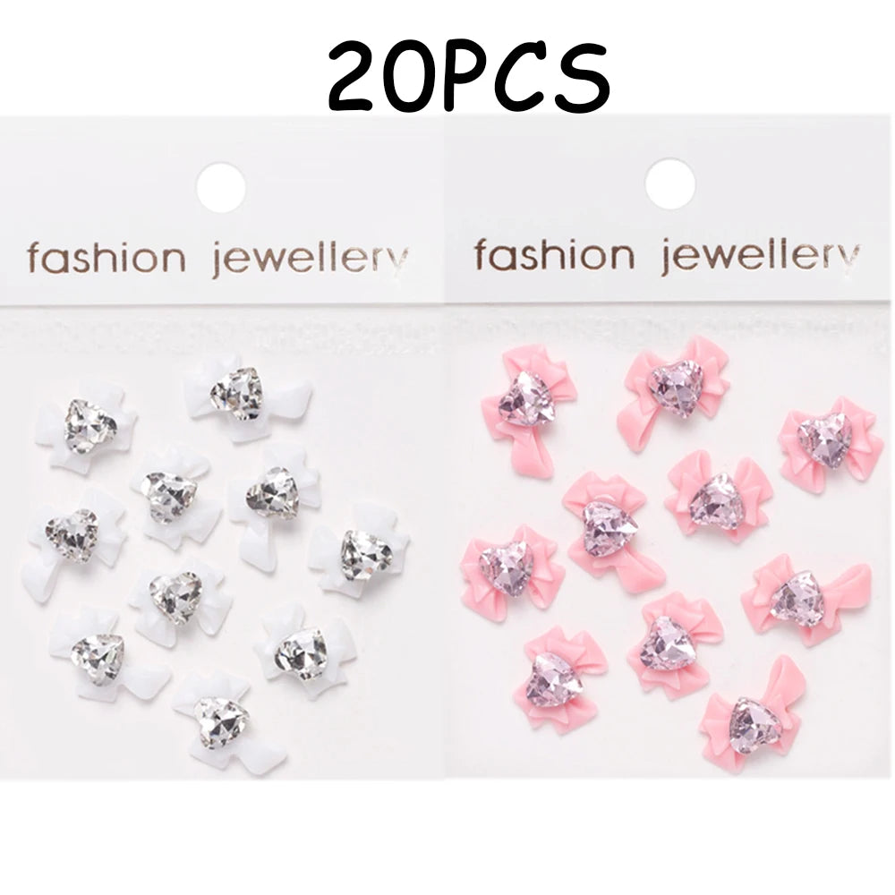 30/20/10PC Pink Ribbon Resin Bow Parts Nail Charms Mix-Style Bow Rhinestone Jewelry 8-12mm Y2K Accessory for DIY Manicure Decora