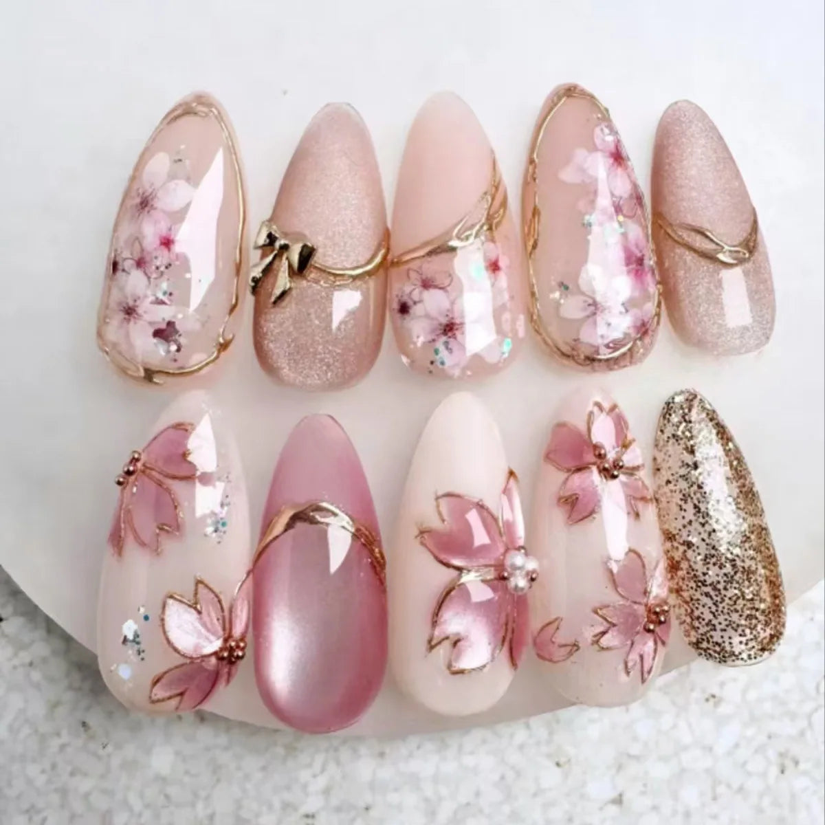 Yellow Peach Floral Almond Nails