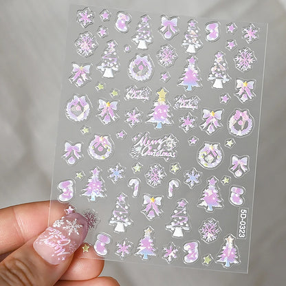 5D Hibiscus Flower Nail Embossed Sticker Acrylic Pink White Gold Petal Leaf Adhesive Decal Butterfly Dragon Floral Elegant Decor