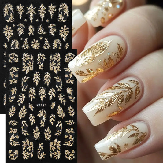 Gold Glitter Leaf Christmas Nail Stickers 2pc