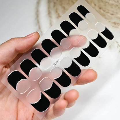 16pcs French White/Black Glitter Semi-cured Gel Nail Stickers Long-acting Waterproof LED Lamp UV Gel Slider DIY Manicure Decor