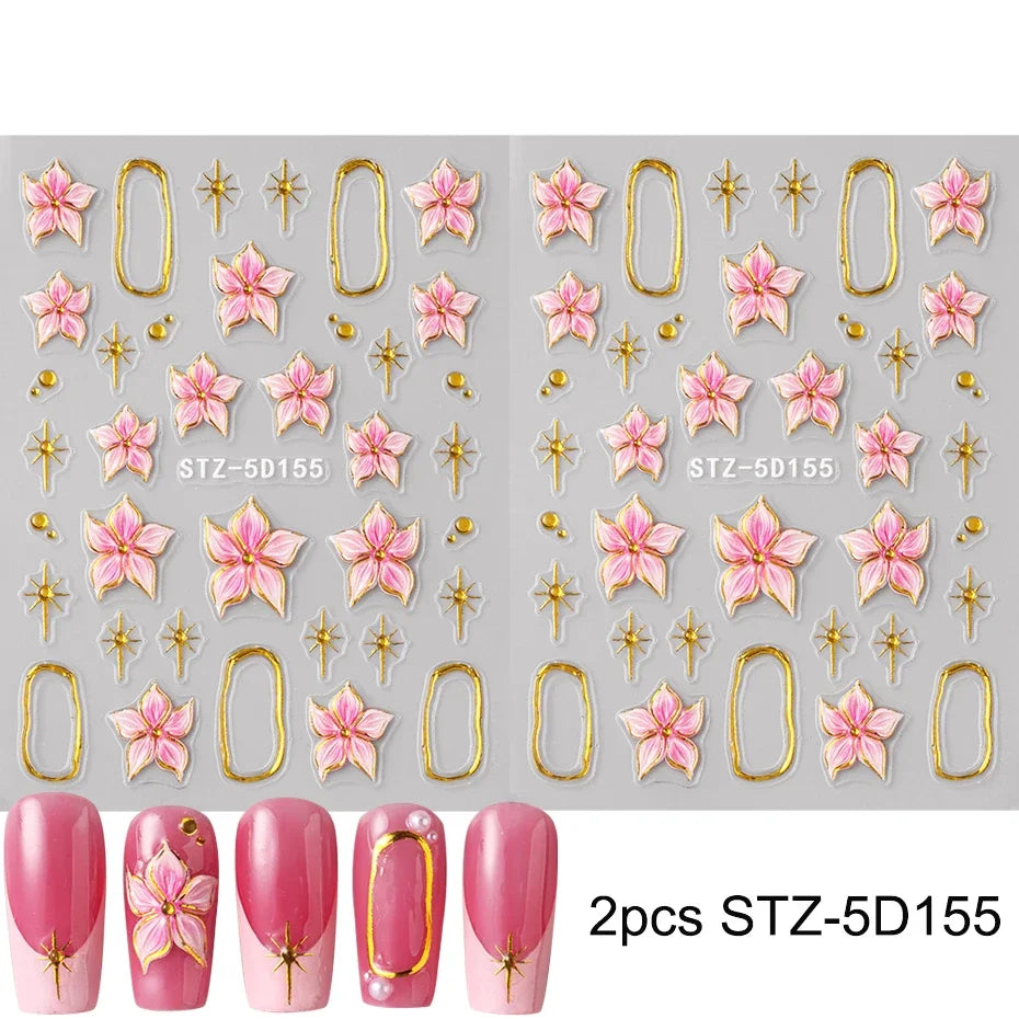 2pcs Embossed Hibiscus Flower Nail Art Sticker Pink Flower With Golden Metal Ring Charm Self-Adhesive Decals Manicure Decoration