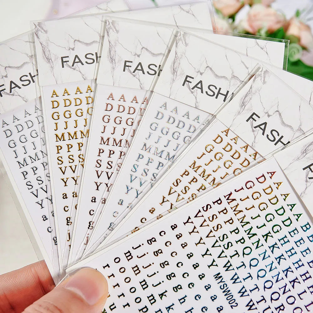 12Sheets 26-Bit Letters Nail Art Sticker Set Self-Adhesive Capital/Lower Case English Alphabet Nail Slider 3D Manicure Decal Kit