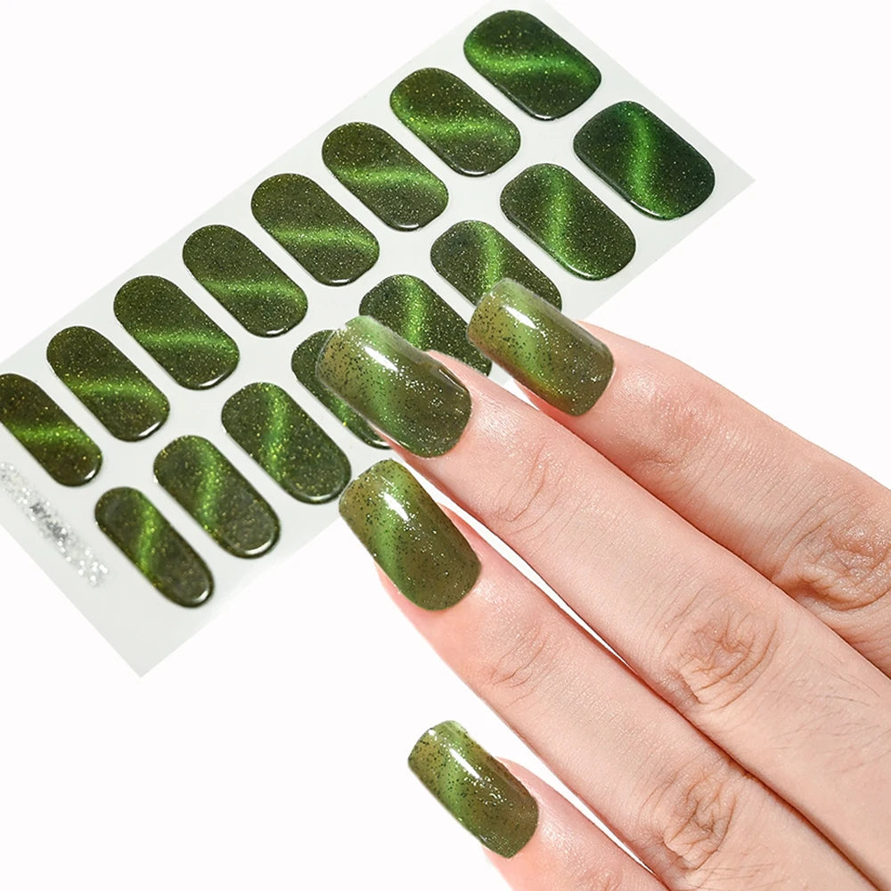 Green Cat Eyes Semi Cured Gel Nail Stickers 16Tips Pure Color Fine Flash Full Cover Nail Slider UV/LED  Baking  Lamp Gel Sticker